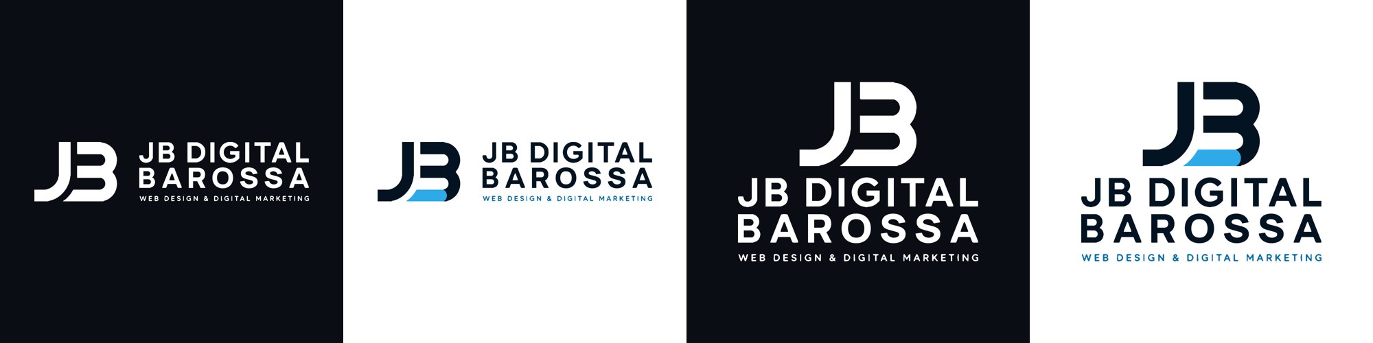 The JB Digital Barossa logo set: horizontal and stacked versions, each on dark and on white.