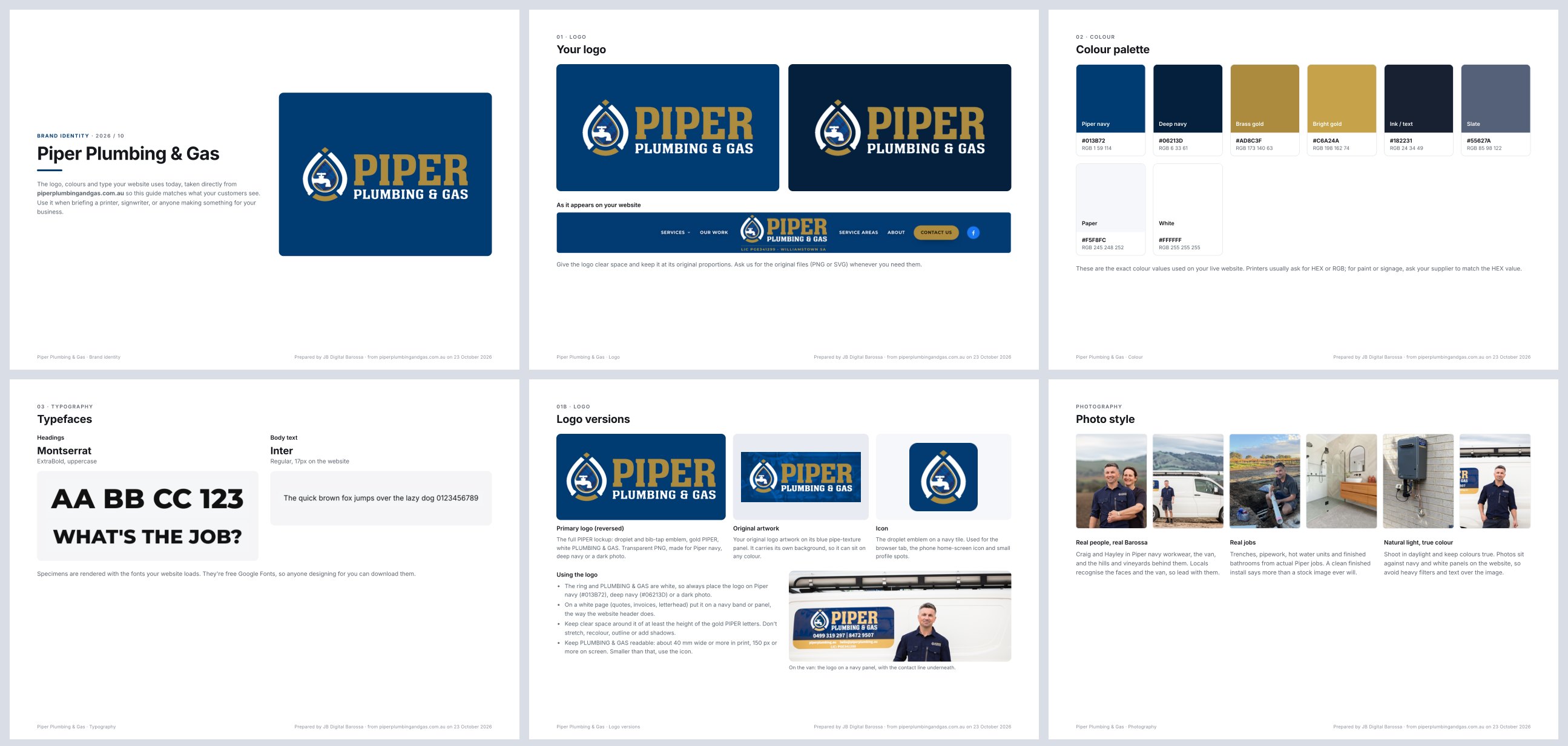 Six pages of the Piper Plumbing & Gas brand identity board: cover, logo, colour palette, typefaces, logo versions and photo style.
