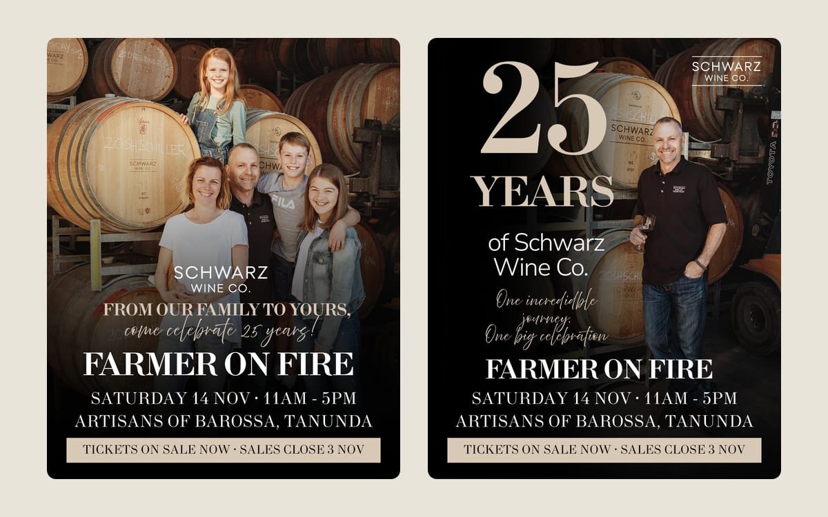 Two Schwarz Wine Co Farmer on Fire image ads side by side: the Schwarz family among the barrels, and Jason Schwarz beside “25 years of Schwarz Wine Co.”