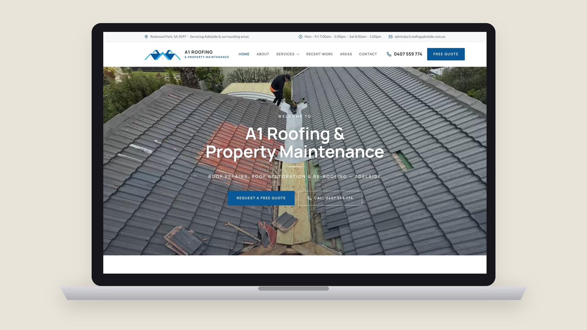 The A1 Roofing & Property Maintenance homepage on a laptop.