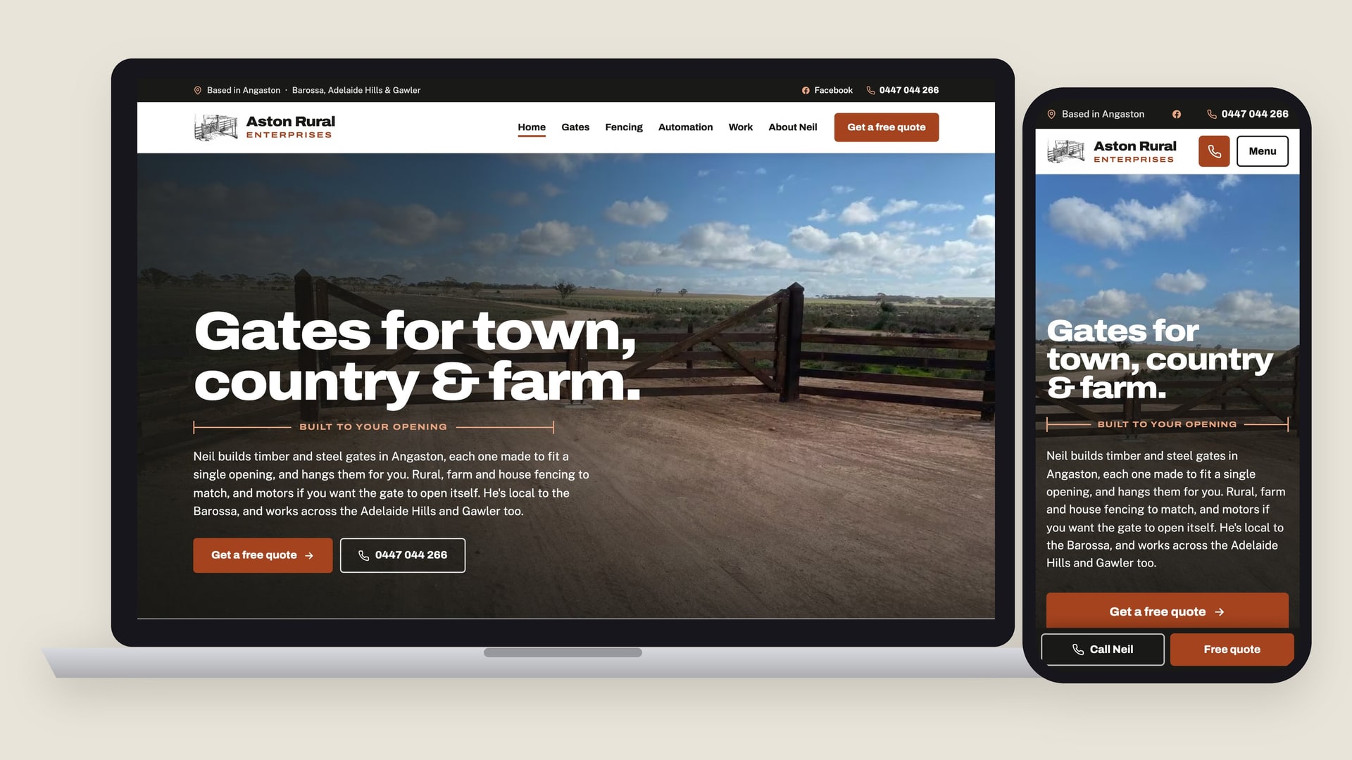 The Aston Rural Enterprises homepage on a laptop and a phone: gates for town, country & farm.