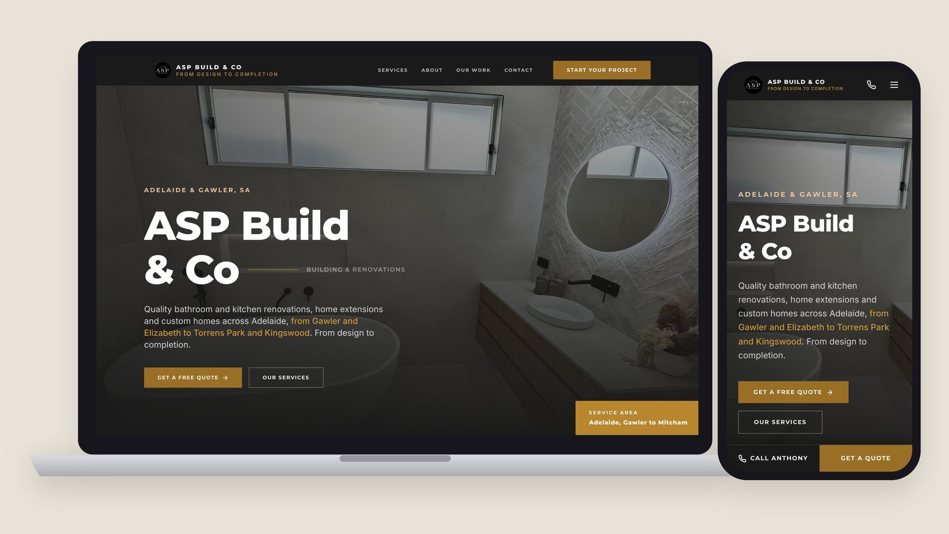 The ASP Build & Co homepage on a laptop and a phone.