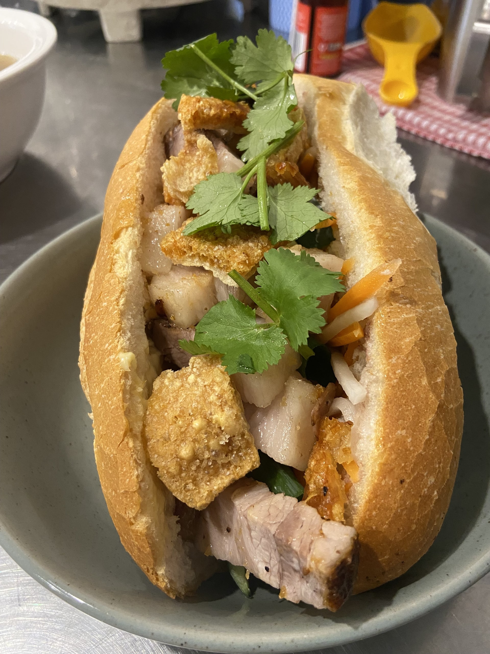 A close-up of a bánh mì roll.