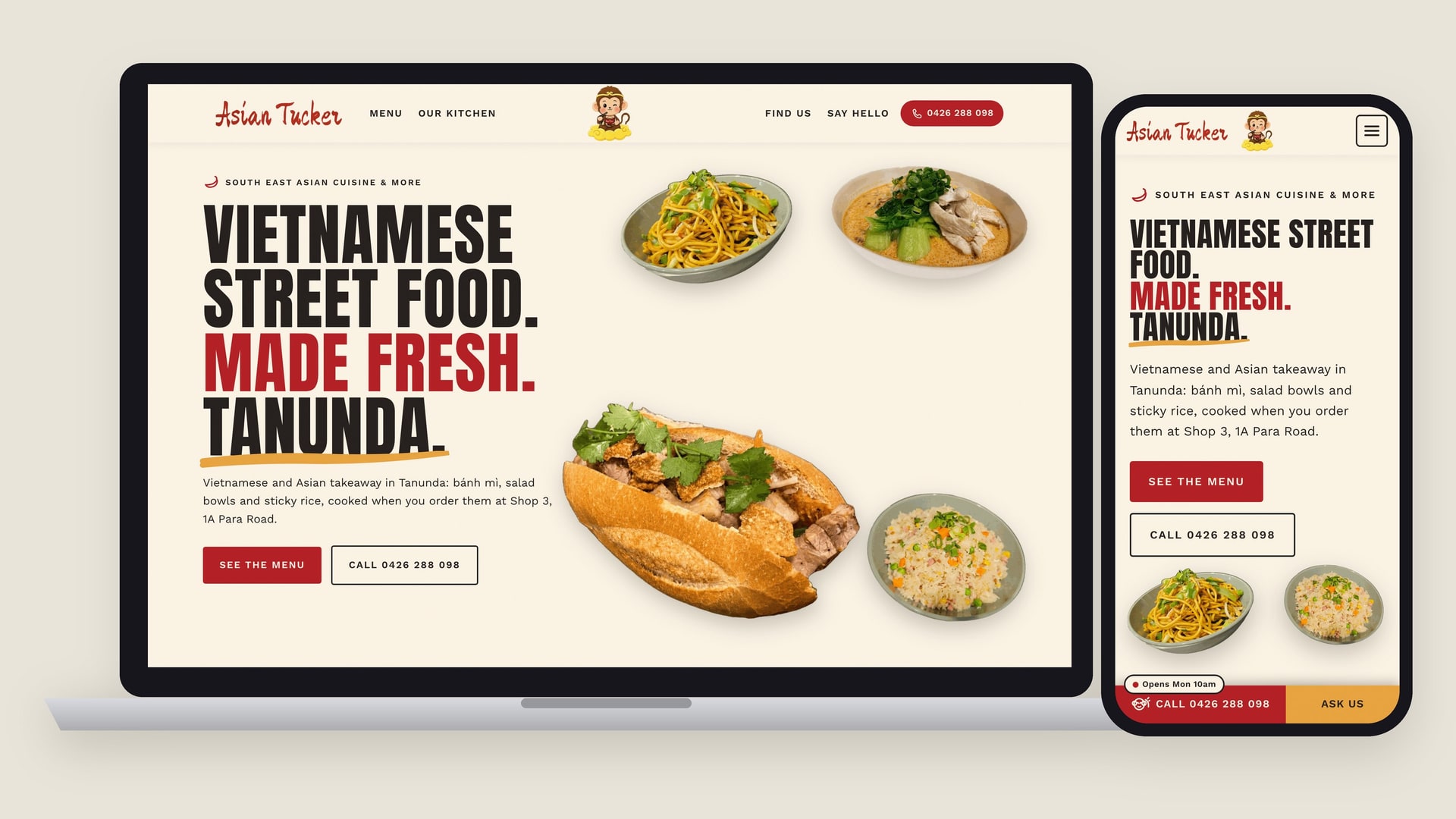 The Asian Tucker homepage on a laptop and a phone: Vietnamese street food, made fresh, Tanunda.