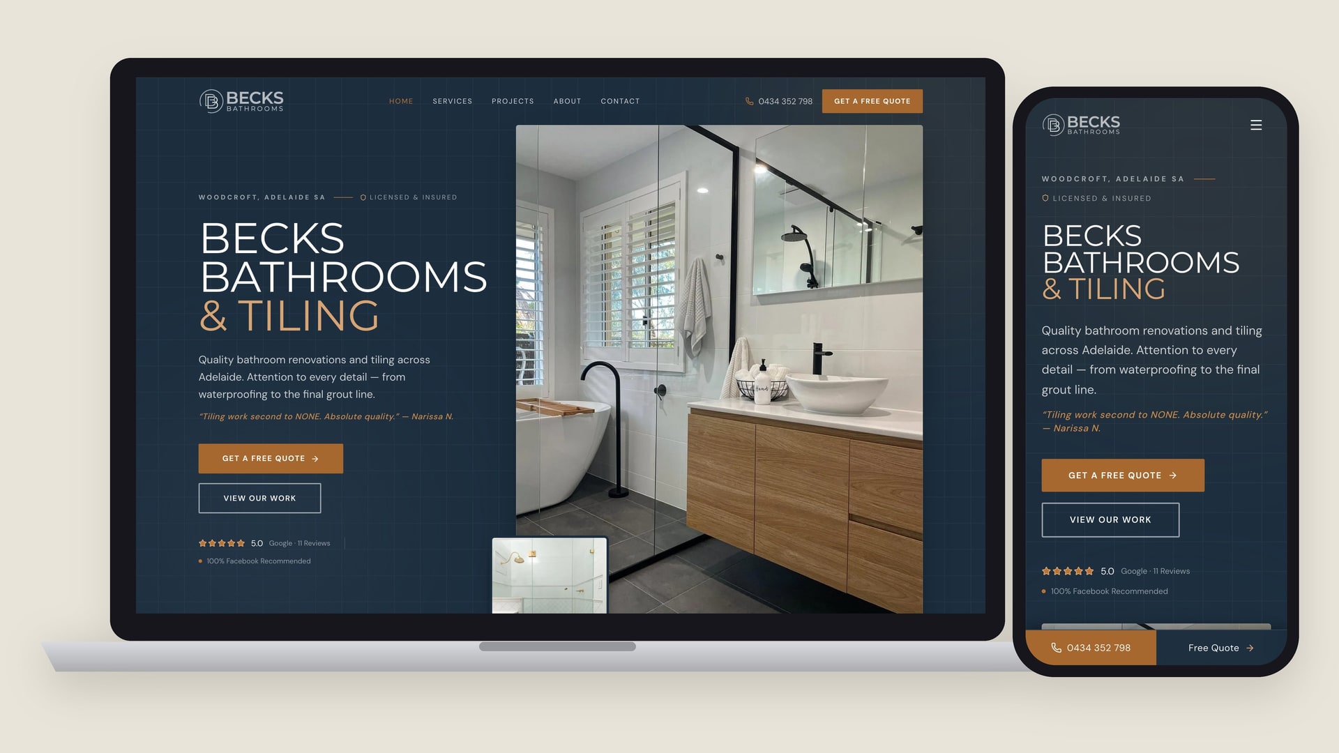 The Becks Bathrooms & Tiling homepage on a laptop and a phone.