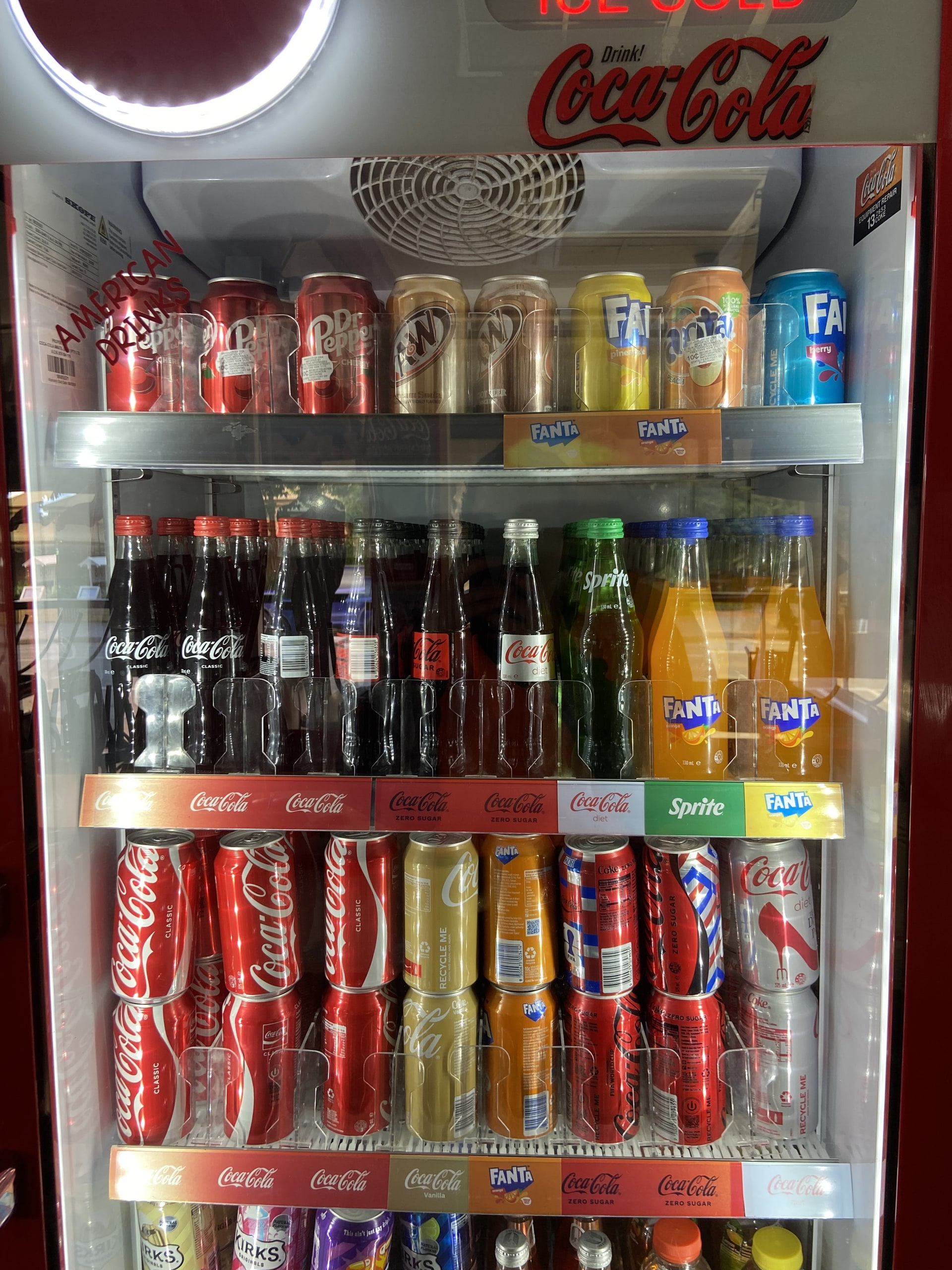 A fridge of imported American drinks at the diner.