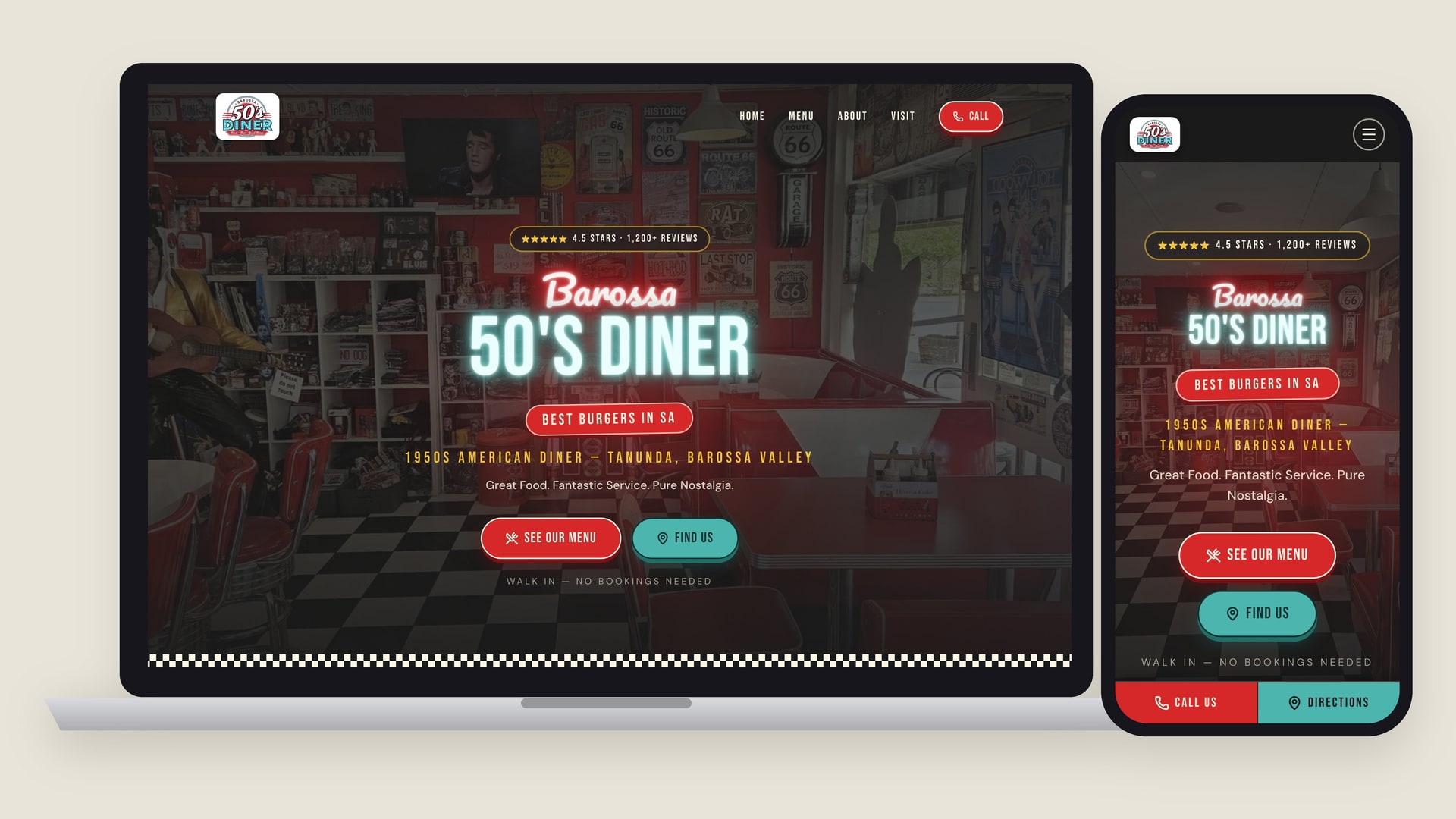 The Barossa 50’s Diner homepage on a laptop and a phone: a neon diner sign over the room.