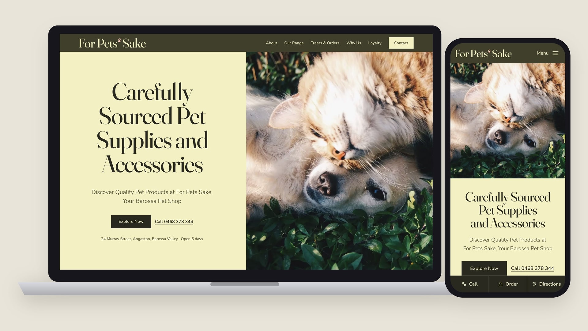 The new For Pets Sake homepage on a laptop and a phone: carefully sourced pet supplies and accessories.