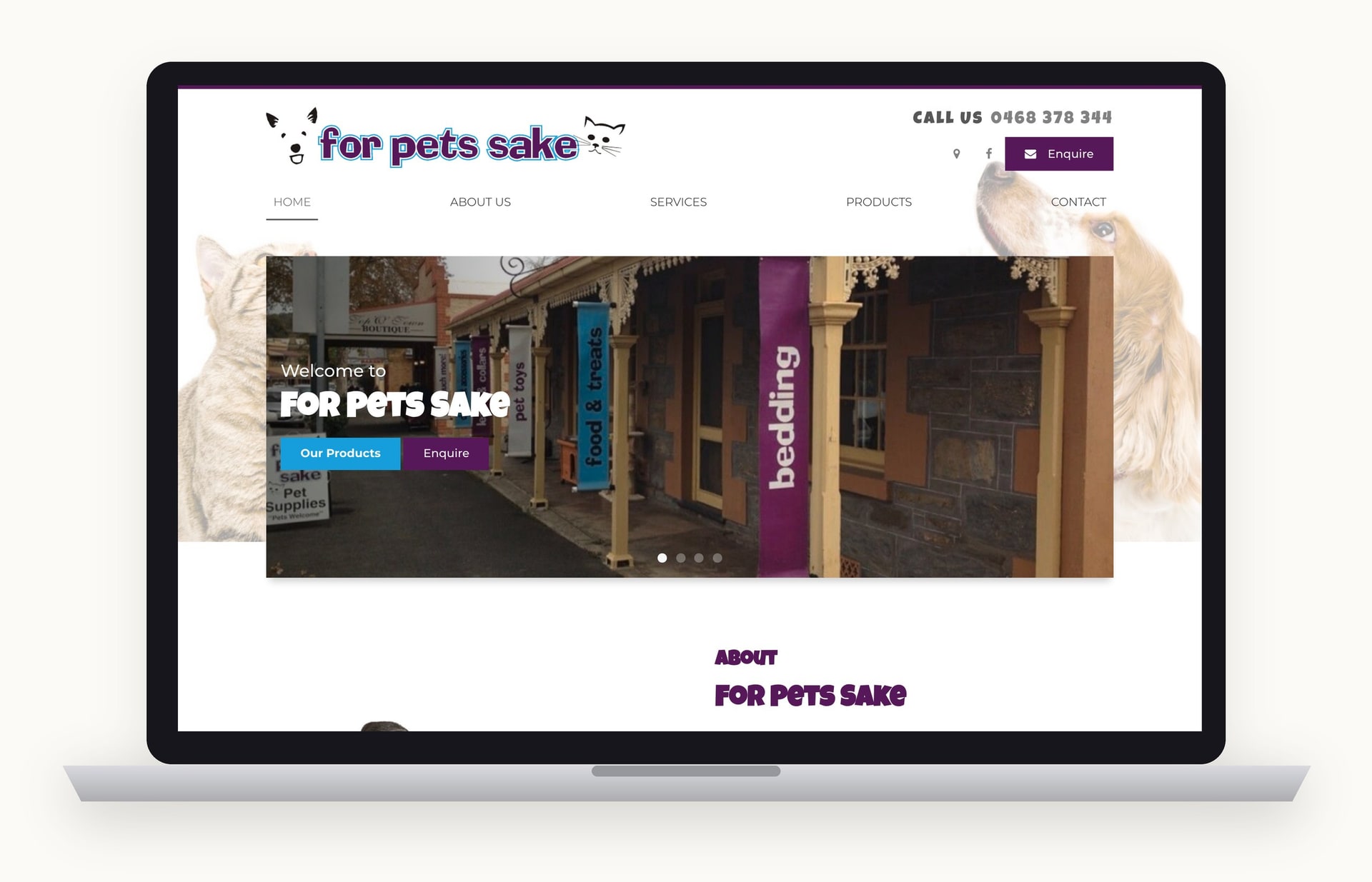 The old For Pets Sake website on a laptop, in purple and blue with a photo of the shop verandah.