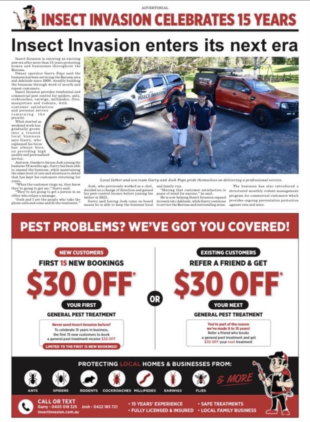 The Insect Invasion 15-years advertorial page in The Leader newspaper.