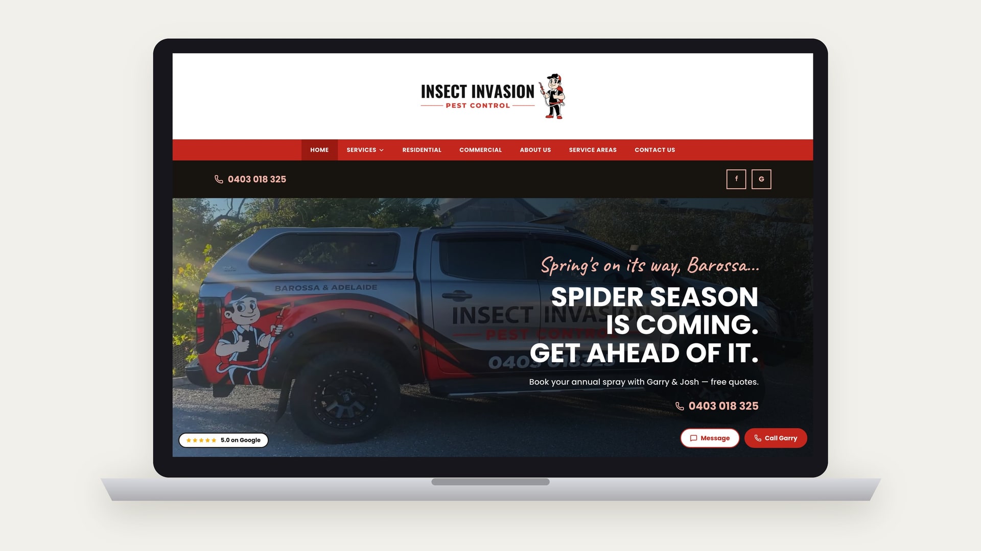 The Insect Invasion Pest Control homepage on a laptop: Spider season is coming. Get ahead of it.