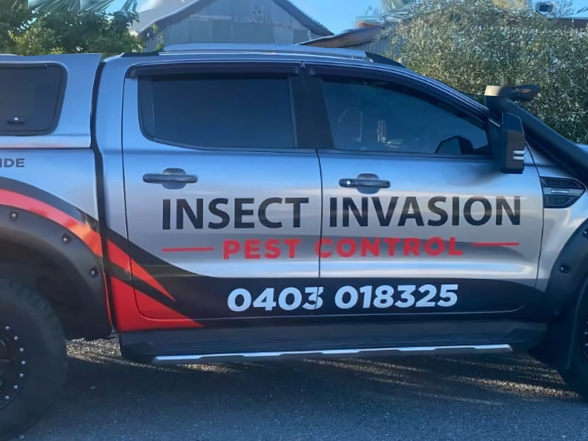 The Insect Invasion Pest Control branding on the door of the silver ute.