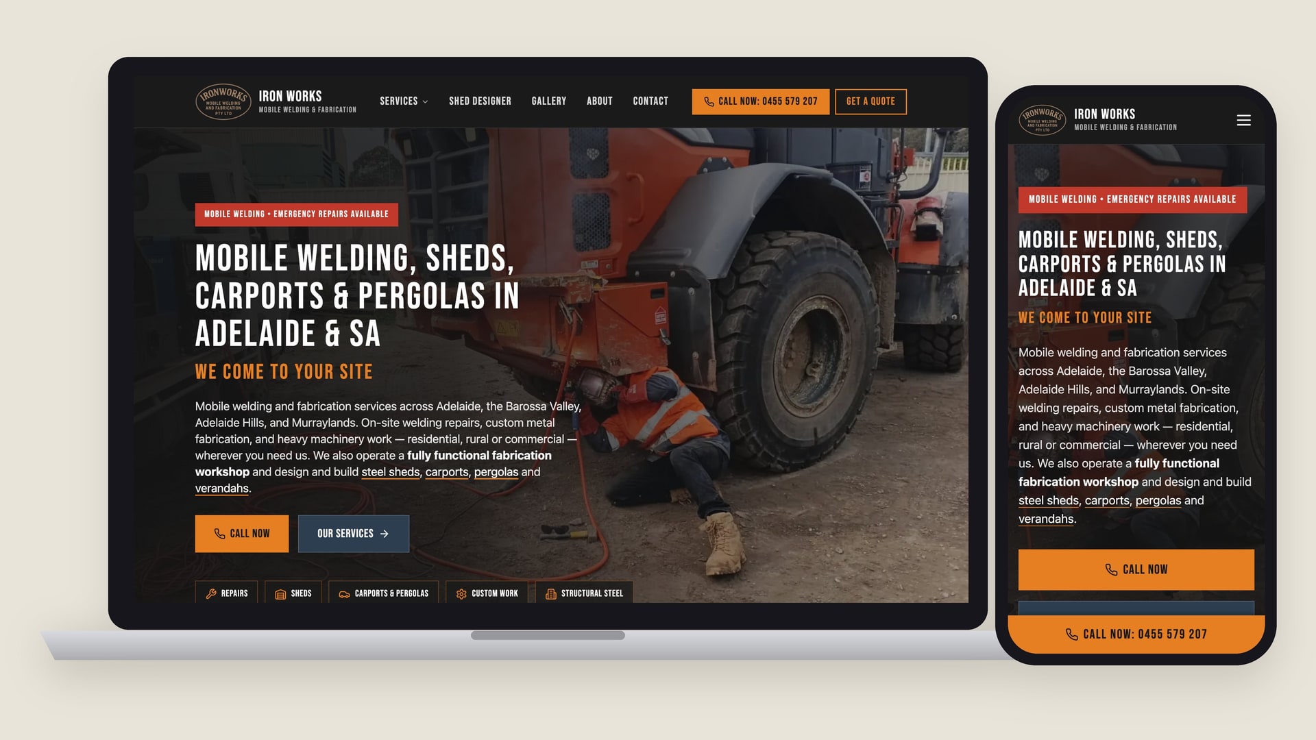 The Iron Works Mobile Welding & Fabrication website on a laptop and a phone, with the copper logo in the header.