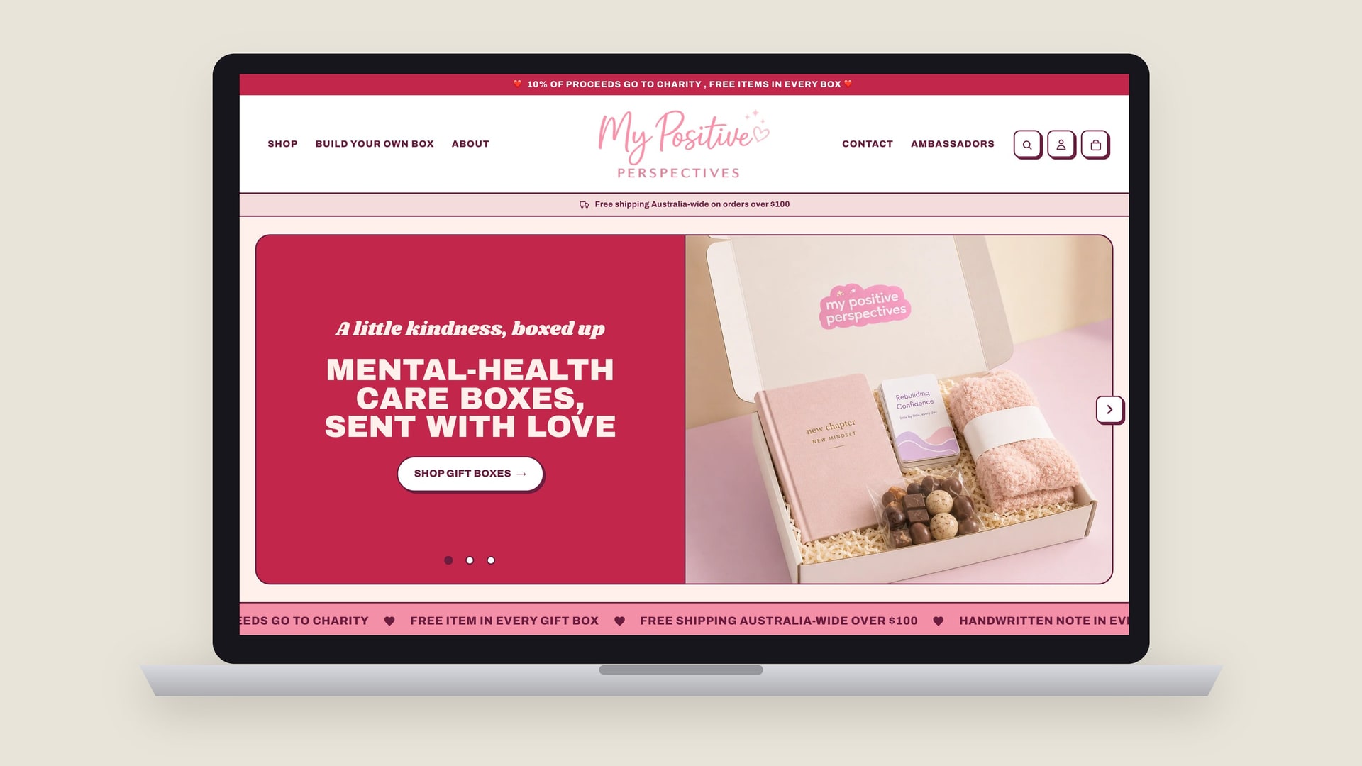 The My Positive Perspectives Shopify store on a laptop and a phone after the rebrand: dark pink hero, berry text and the centred pink logo.