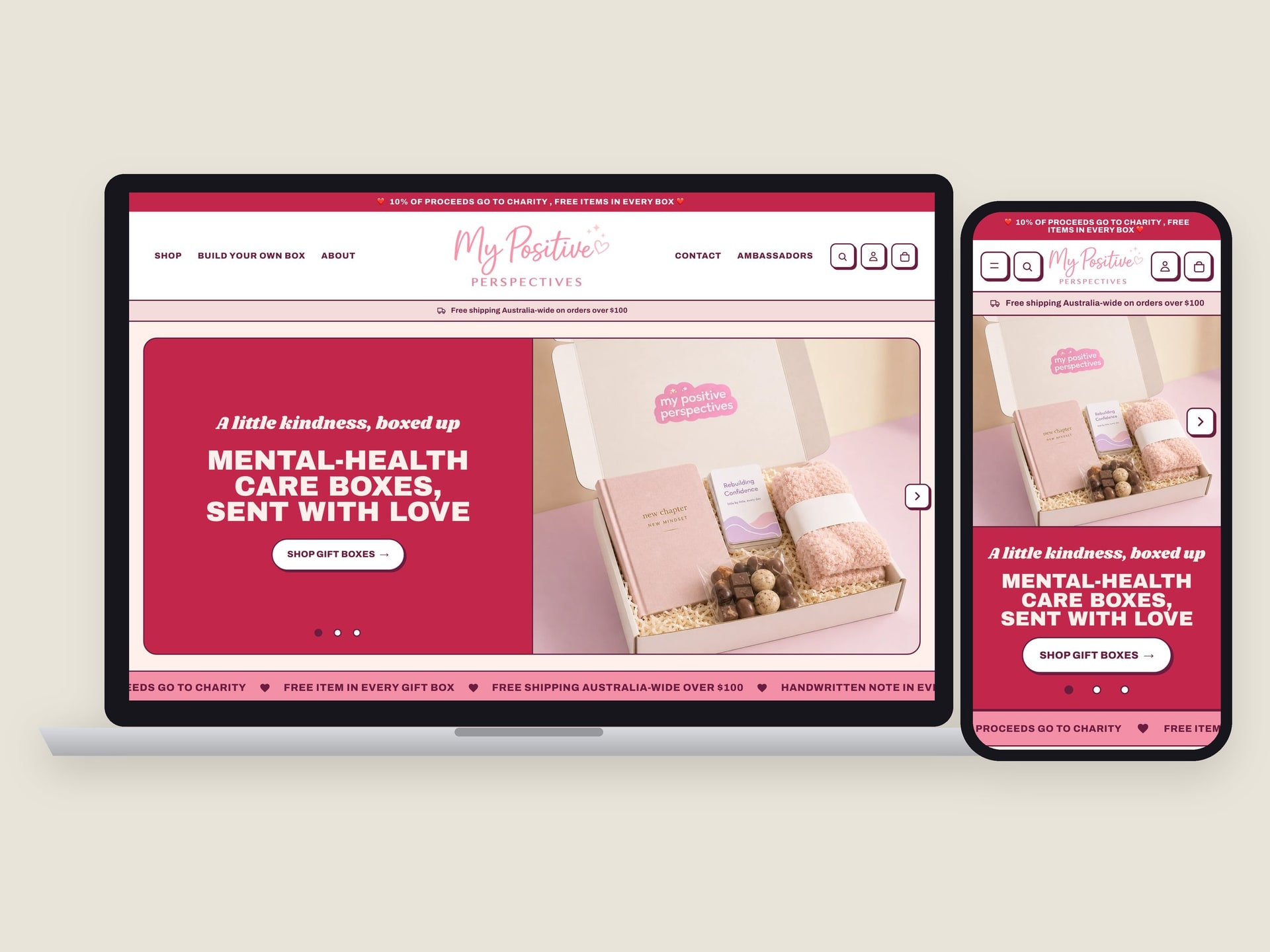 The My Positive Perspectives Shopify store homepage on a laptop and a phone.