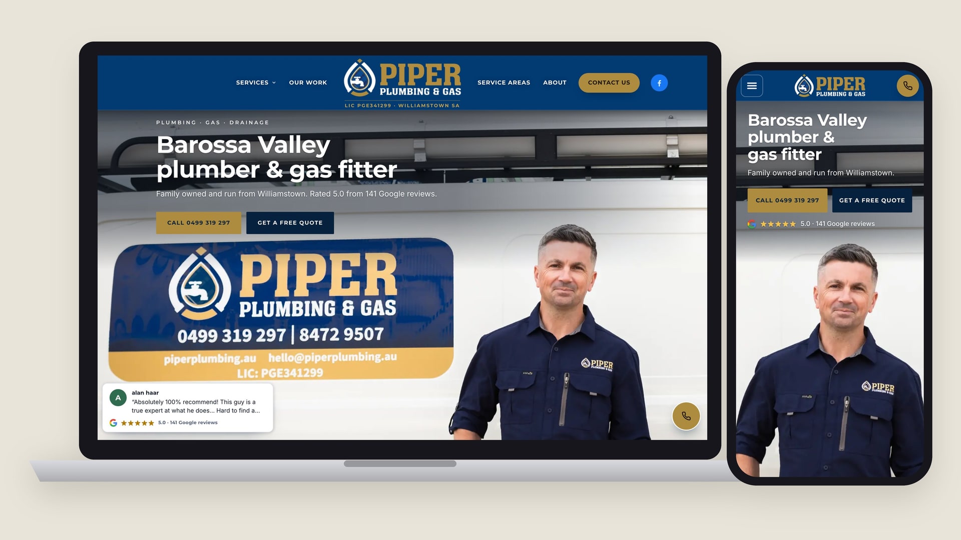The new Piper Plumbing & Gas homepage on a laptop and a phone: Barossa Valley plumber & gas fitter, with Craig beside the van.