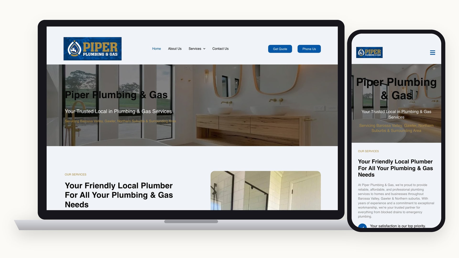 The old Piper Plumbing & Gas website at piperplumbing.au on a laptop and a phone, with a bathroom photo behind the heading.