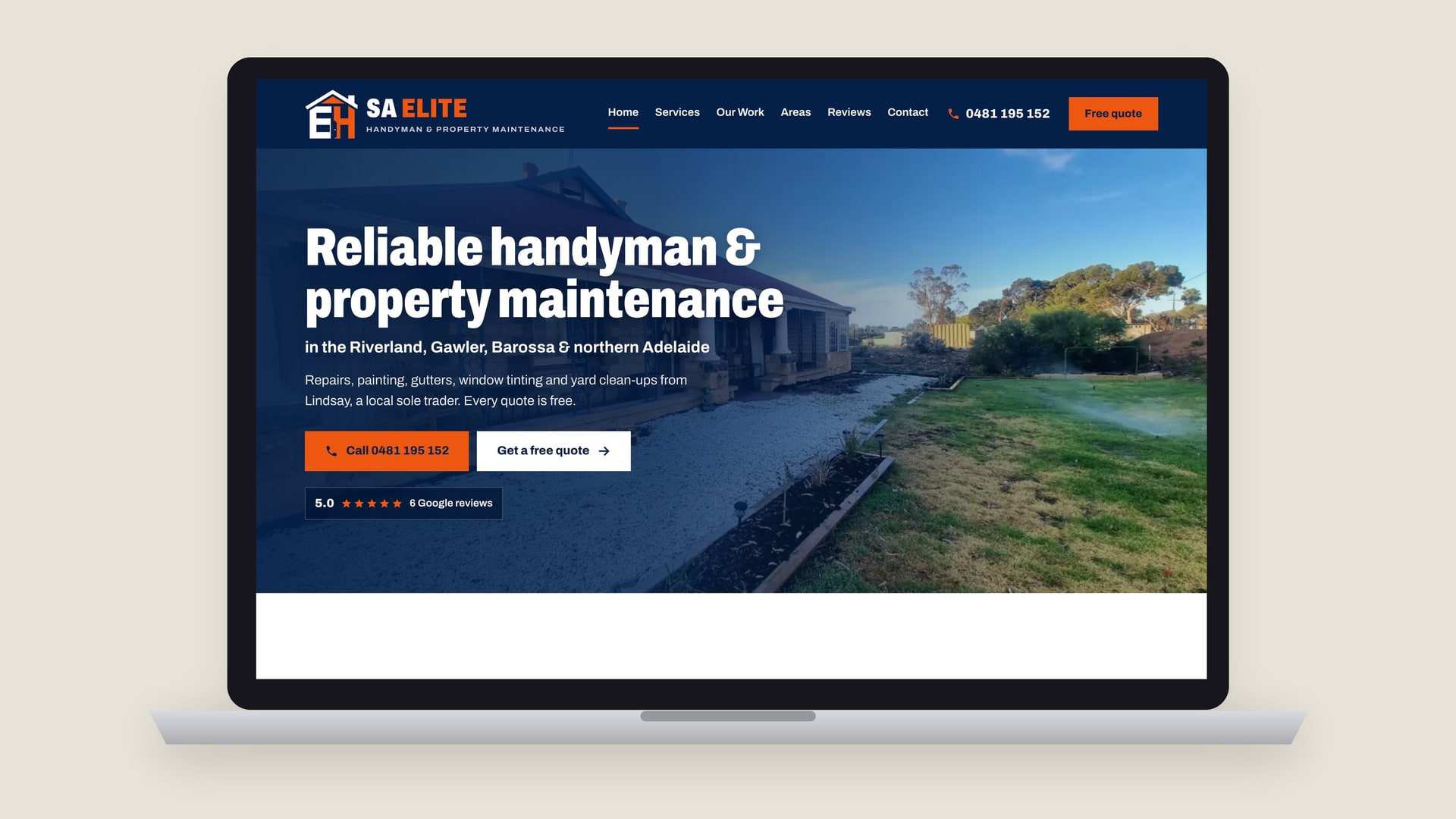 The SA Elite Handyman homepage on a laptop: reliable handyman & property maintenance.