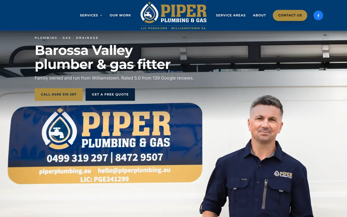 Piper Plumbing & Gas website, designed and built by JB Digital Barossa