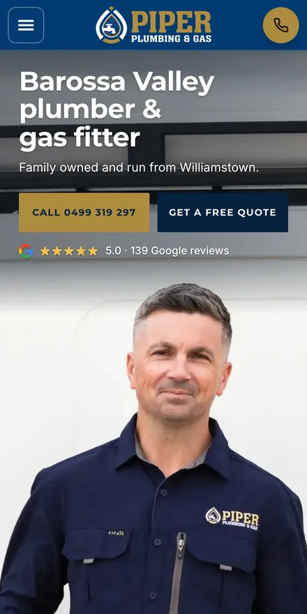 Piper Plumbing & Gas website on a phone