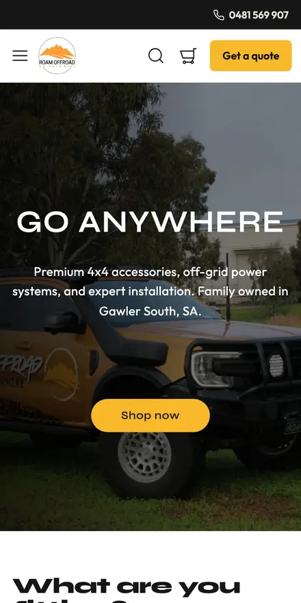 Roam Offroad website on a phone
