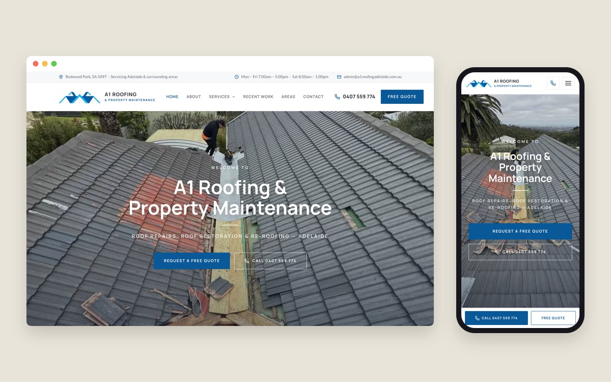 The A1 Roofing & Property Maintenance homepage on a desktop screen and a phone, one of the websites we built.