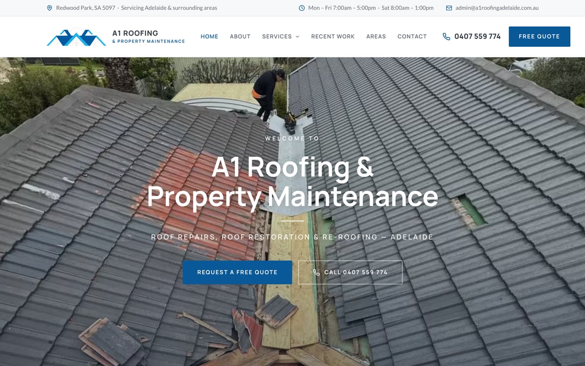 The A1 Roofing & Property Maintenance homepage, with a real drone shot of owner Sam at work on an Adelaide tile roof.