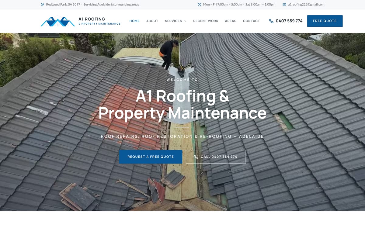 The A1 Roofing & Property Maintenance homepage — a real drone shot of owner Sam at work on an Adelaide tile roof.