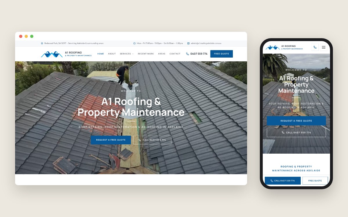 The A1 Roofing & Property Maintenance homepage on a desktop screen and a phone: a drone shot of a tiled roof repair under the heading “A1 Roofing & Property Maintenance”, with Request a free quote and call buttons.