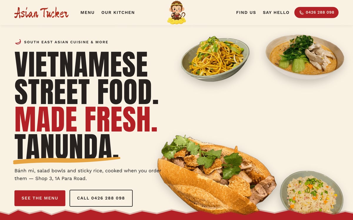 The new Asian Tucker homepage: street food made fresh in Tanunda, with the cheeky monkey peeking over the hero photo.