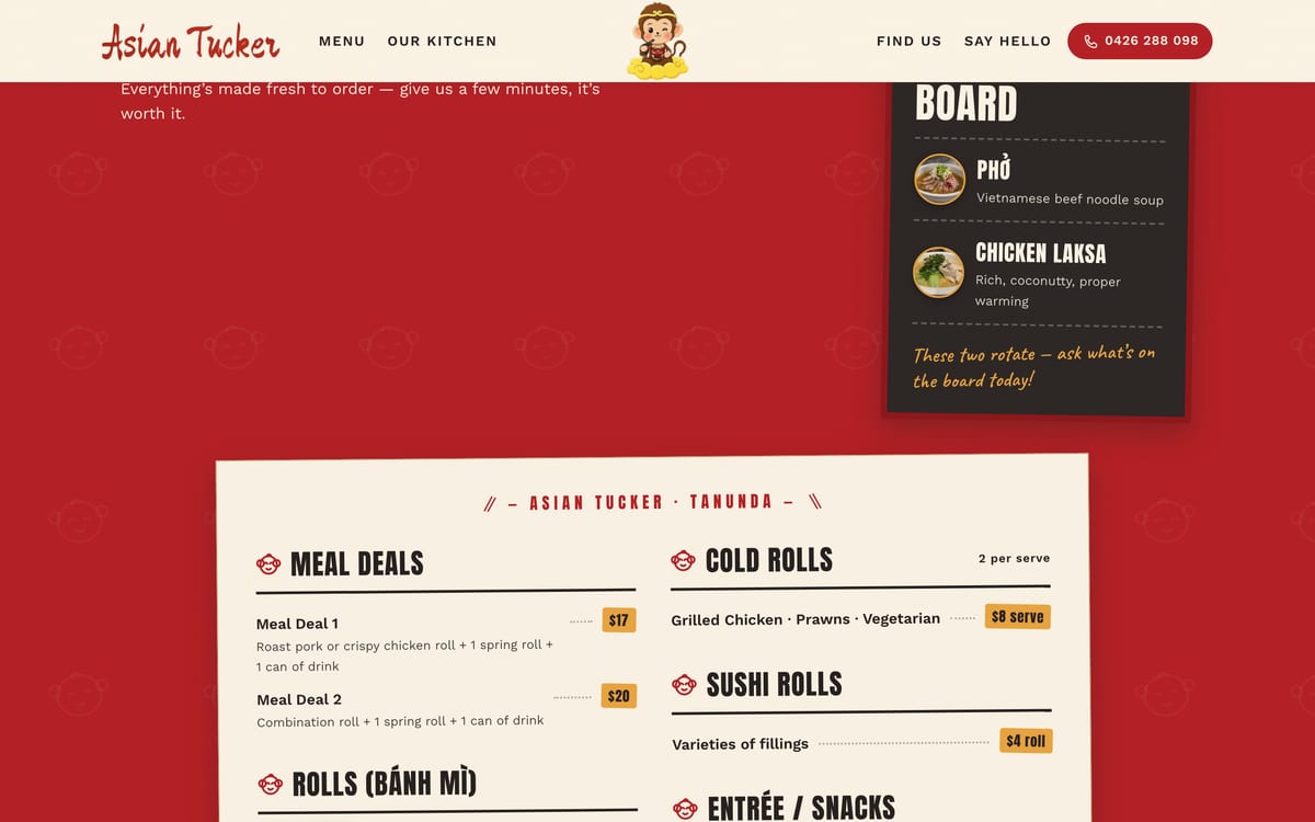 Asian Tucker's online menu board — bánh mì, salad bowls, sticky rice and the build-it-your-way buffet, chalked up like the shop's own board.