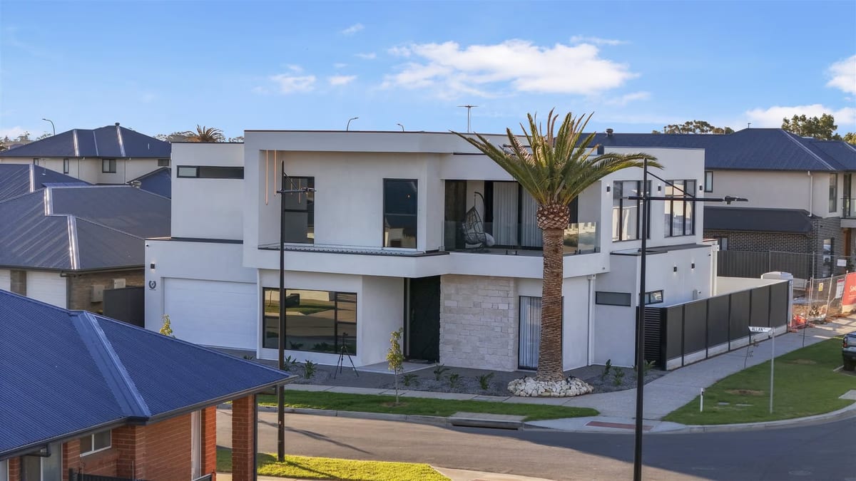 Aerial view of a modern two-storey custom home with a tall palm in the front garden at 33 Kingfisher Drive, Riverlea Park, built by ASP Build & Co.