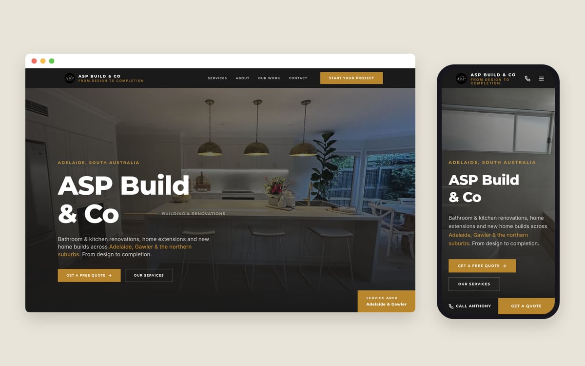 The ASP Build & Co homepage on a desktop screen and a phone, showing renovations, extensions and new homes across Adelaide and Gawler.