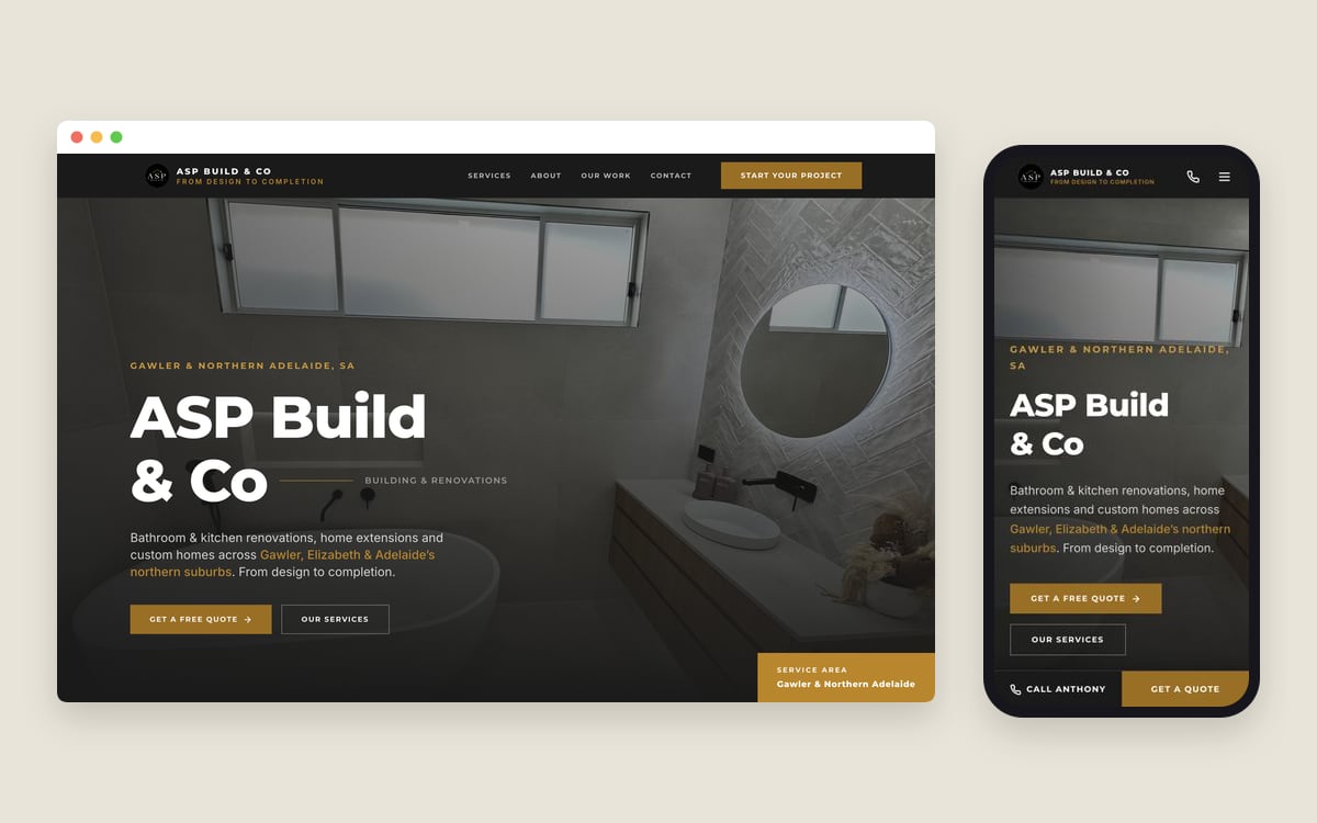 The ASP Build & Co homepage on a desktop screen and a phone, one of the Gawler websites we built.