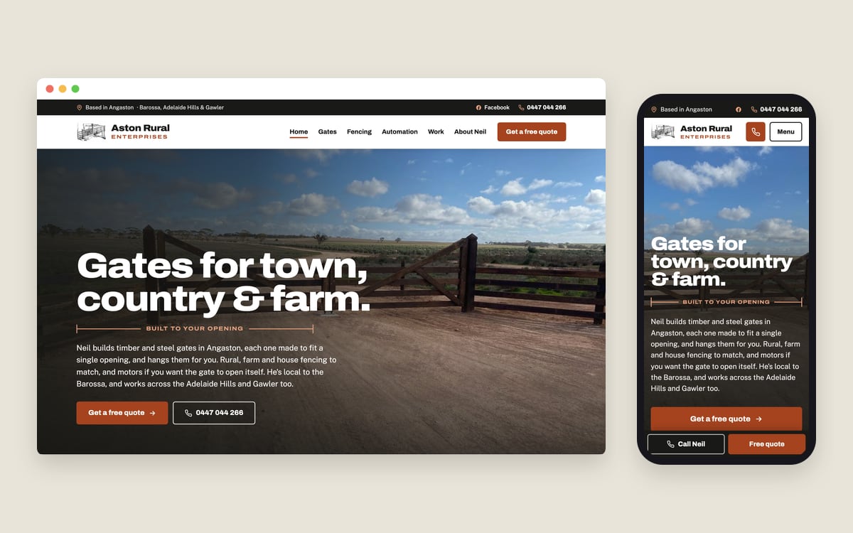 The Aston Rural Enterprises homepage on a desktop screen and a phone, with a timber entrance gate hero and the line “Gates for town, country & farm”.