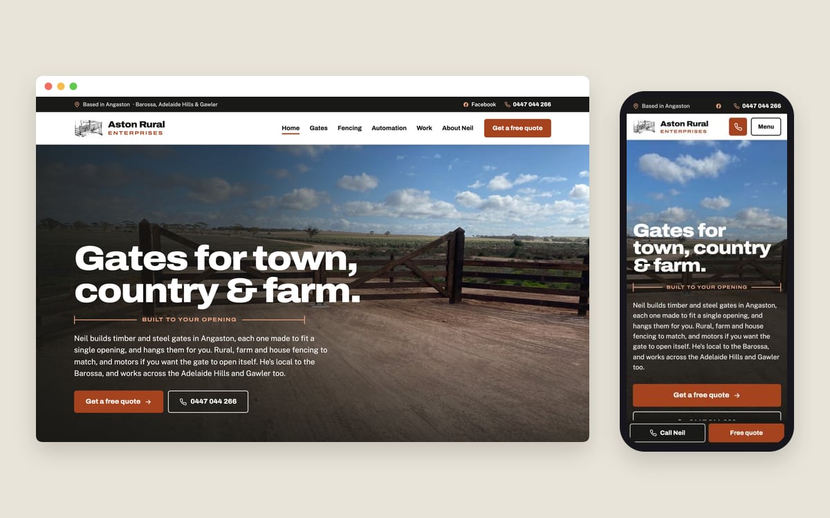 Aston Rural Enterprises website on desktop and mobile, showing a timber farm gate under the heading “Gates for town, country”