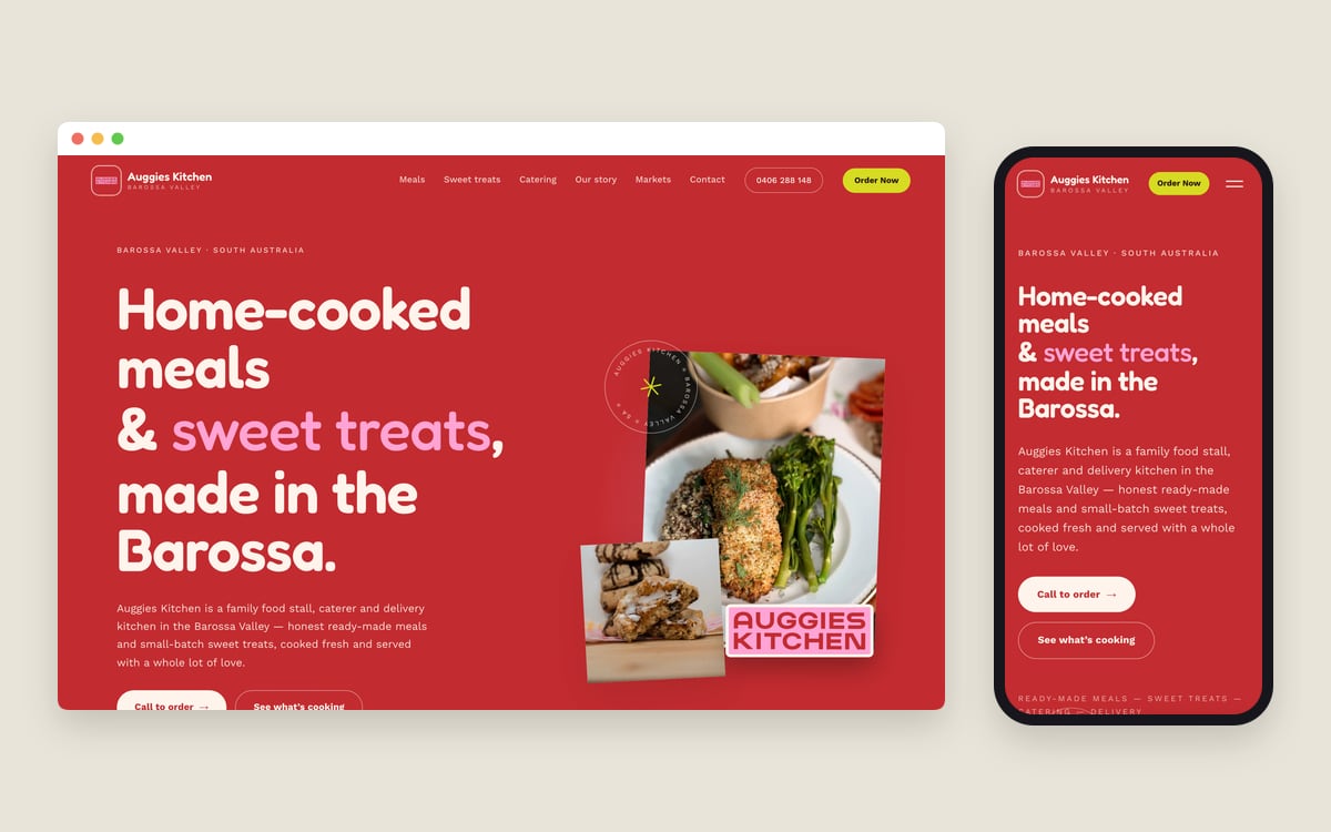 The Auggies Kitchen homepage on a desktop screen and a phone, with the heading Home-cooked meals and sweet treats, made in the Barossa on a red background.