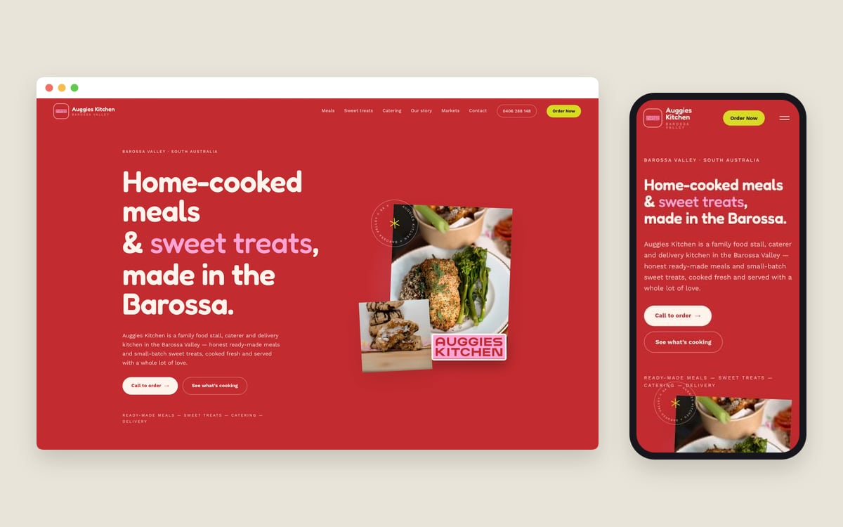 Auggie’s Kitchen website on desktop and mobile, red homepage reading “Home-cooked meals & sweet treats, made in the Barossa”
