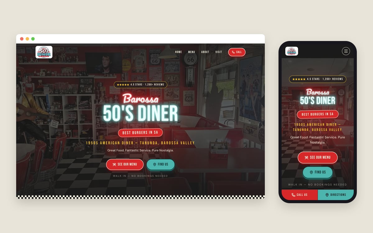 The Barossa 50’s Diner website on a desktop screen and a phone.