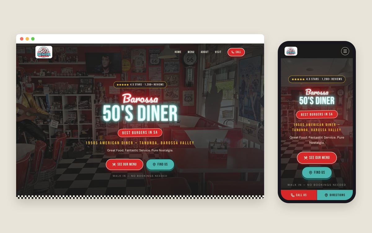 Barossa 50’s Diner website on desktop and mobile, neon heading over a retro diner interior with checkerboard floor