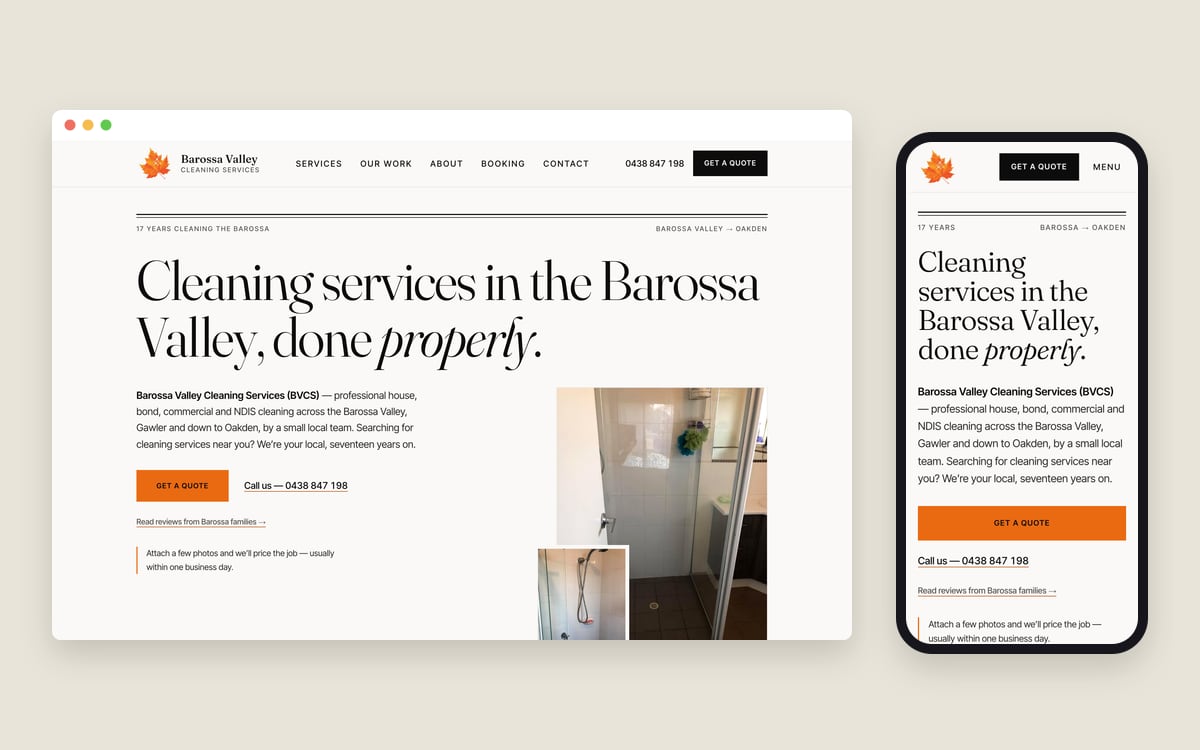 The Barossa Valley Cleaning Services homepage on a desktop screen and a phone, with the quote button and a real job photo.