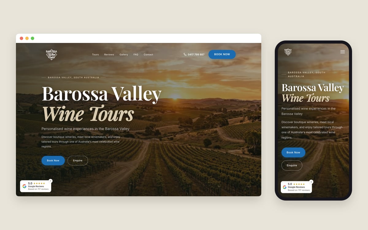 The Barossa Wine Tours homepage on a desktop screen and a phone, with a Barossa vineyard hero and a Book Now button.