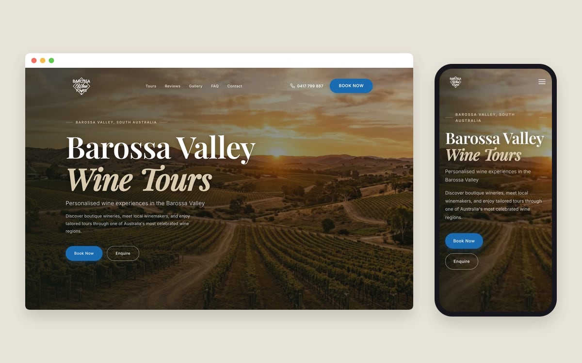 Barossa Wine Tours website shown on desktop and mobile, with a sunset vineyard hero and Book Now button
