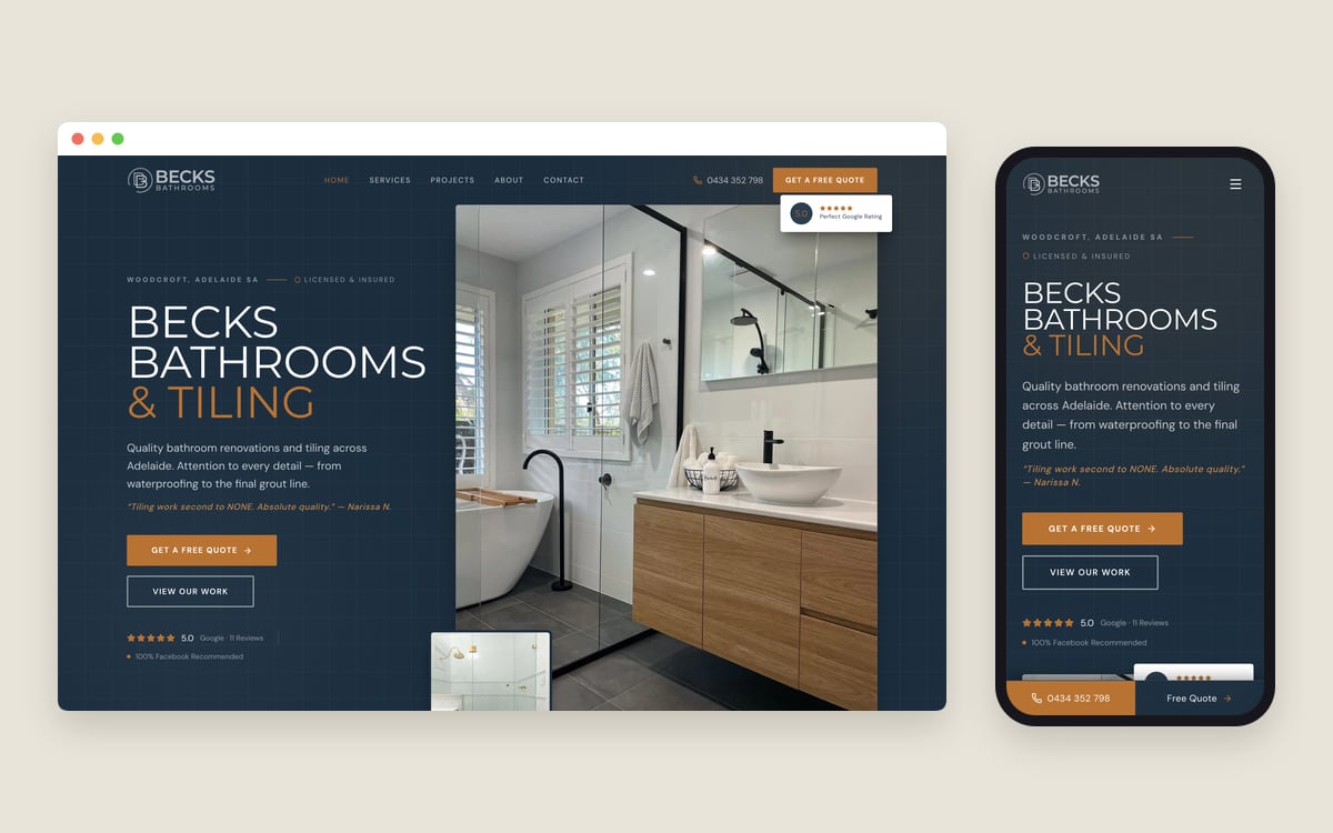 The Becks Bathrooms & Tiling website on a desktop screen and a phone, showing a finished tiled bathroom.