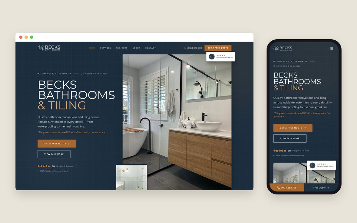 Becks Bathrooms & Tiling website on desktop and mobile, showing a renovated bathroom with timber vanity and walk-in shower