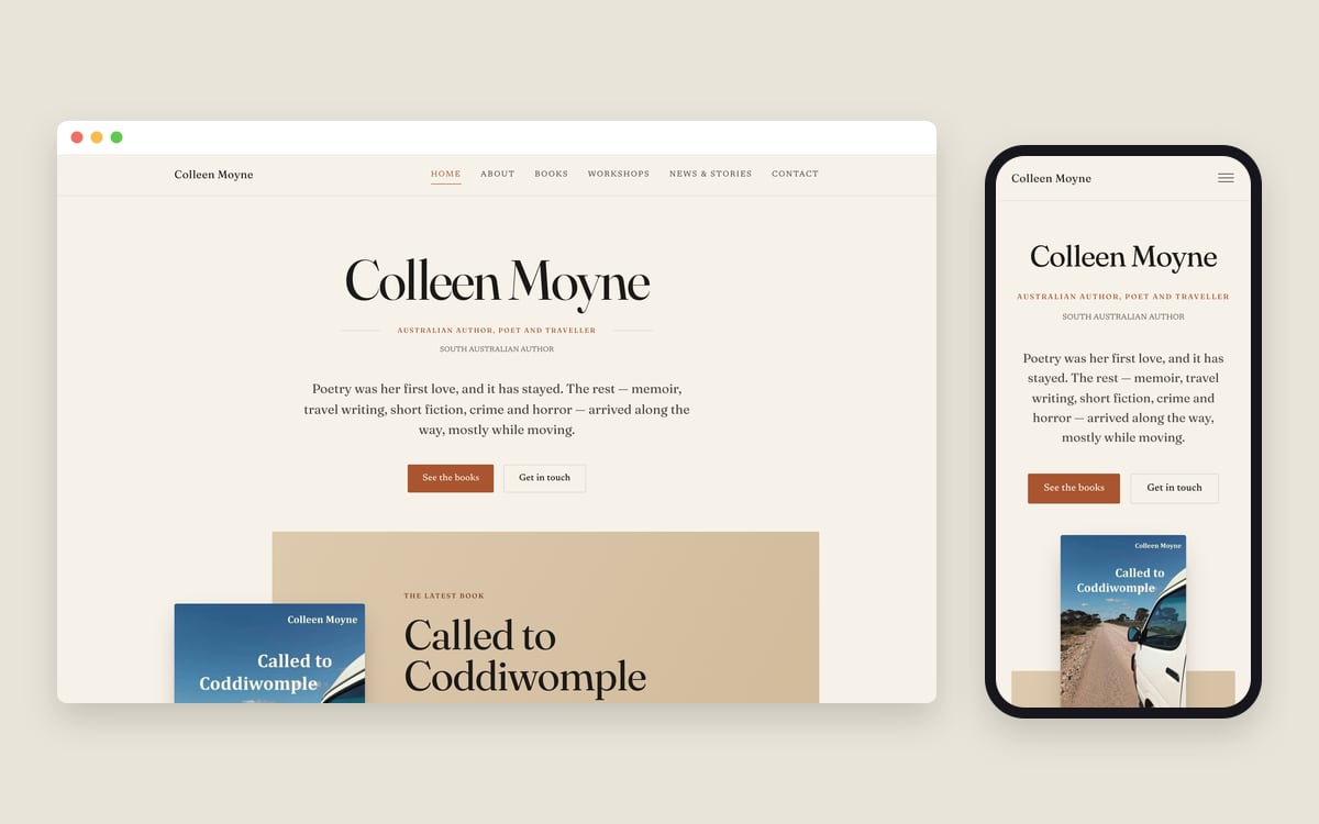 Colleen Moyne’s author website on a desktop screen and a phone, featuring her memoir Called to Coddiwomple.