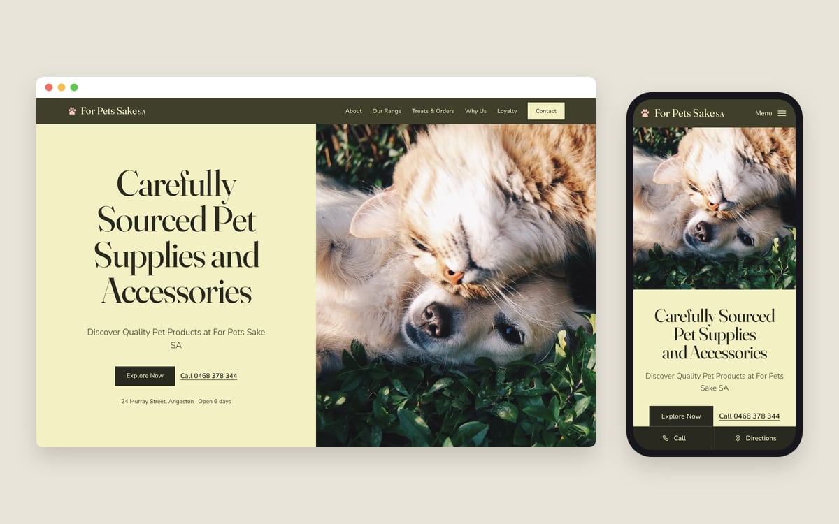 The For Pets Sake SA homepage on a desktop screen and a phone.
