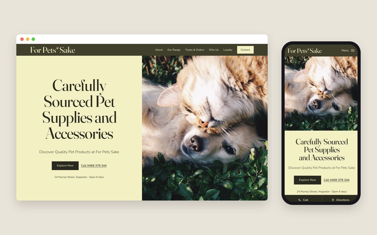 For Pets Sake website on desktop and mobile, showing a cat and dog cuddled on grass beside “Carefully Sourced Pet Supplies”