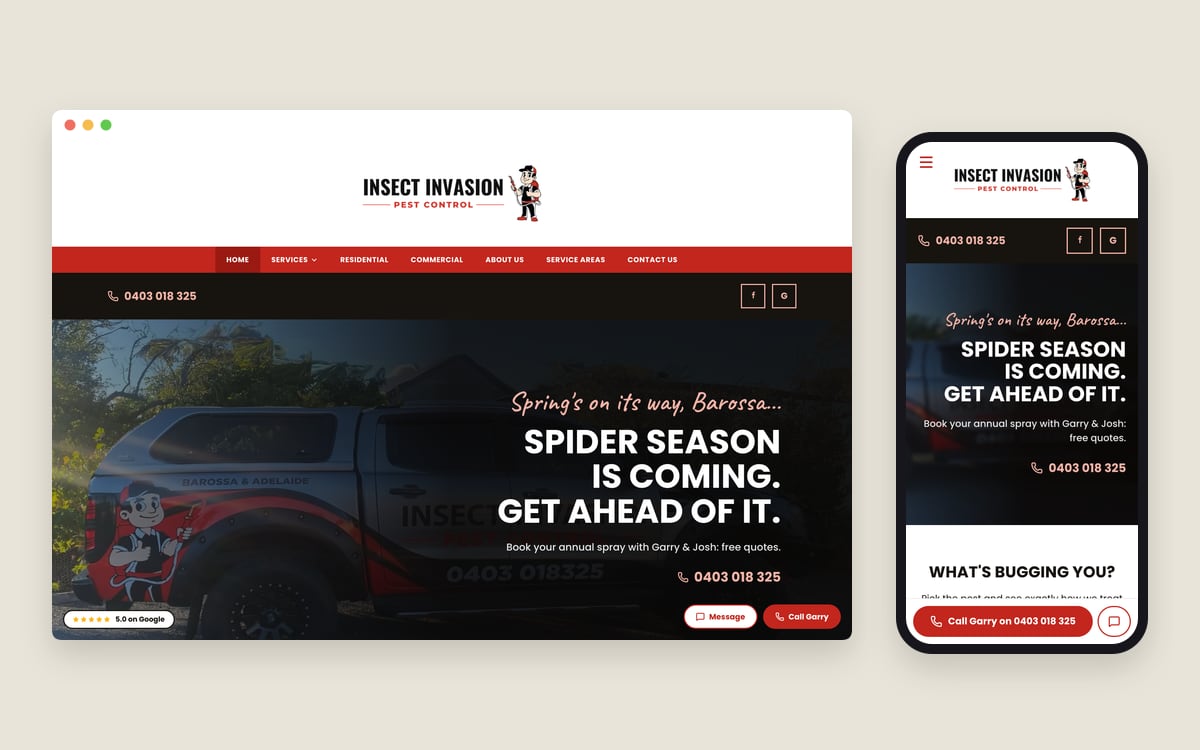The Insect Invasion Pest Control homepage on a desktop screen and a phone: the company ute with “Spider season is coming. Get ahead of it.” and a call button for Garry.