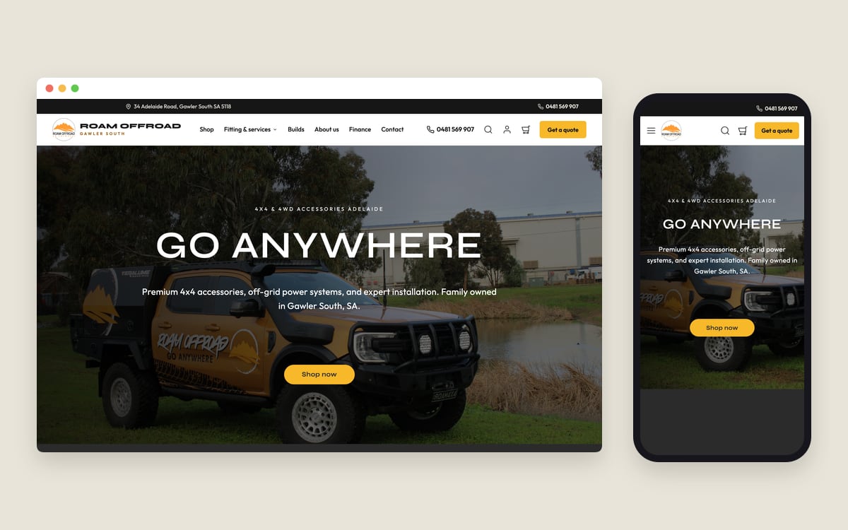 The Roam Offroad homepage on a desktop screen and a phone: “Go Anywhere” over the Roam Offroad ute, with the 34 Adelaide Road, Gawler South address in the top bar.